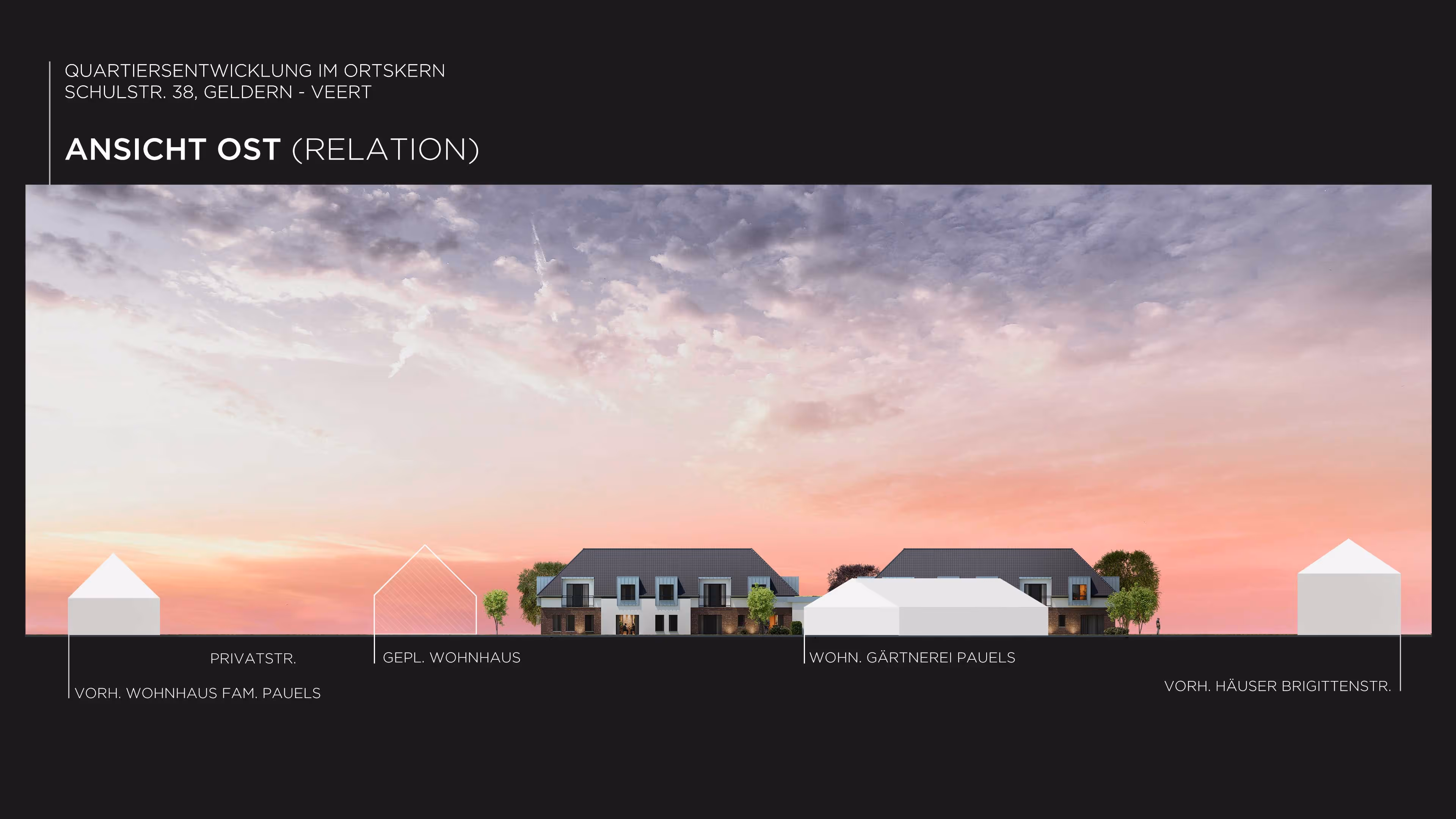 Houses and trees under a pink and purple sunset with a cloudy sky.