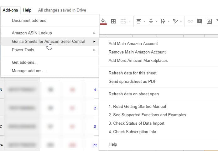 Gorilla ROI google sheets add on menu and options