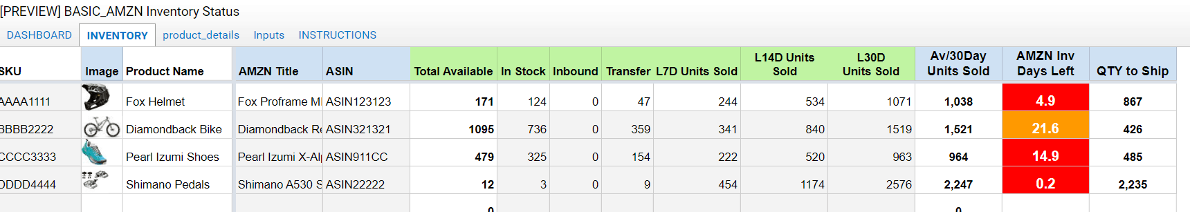Amazon excel warehouse inventory details tracking spreadsheet in stock