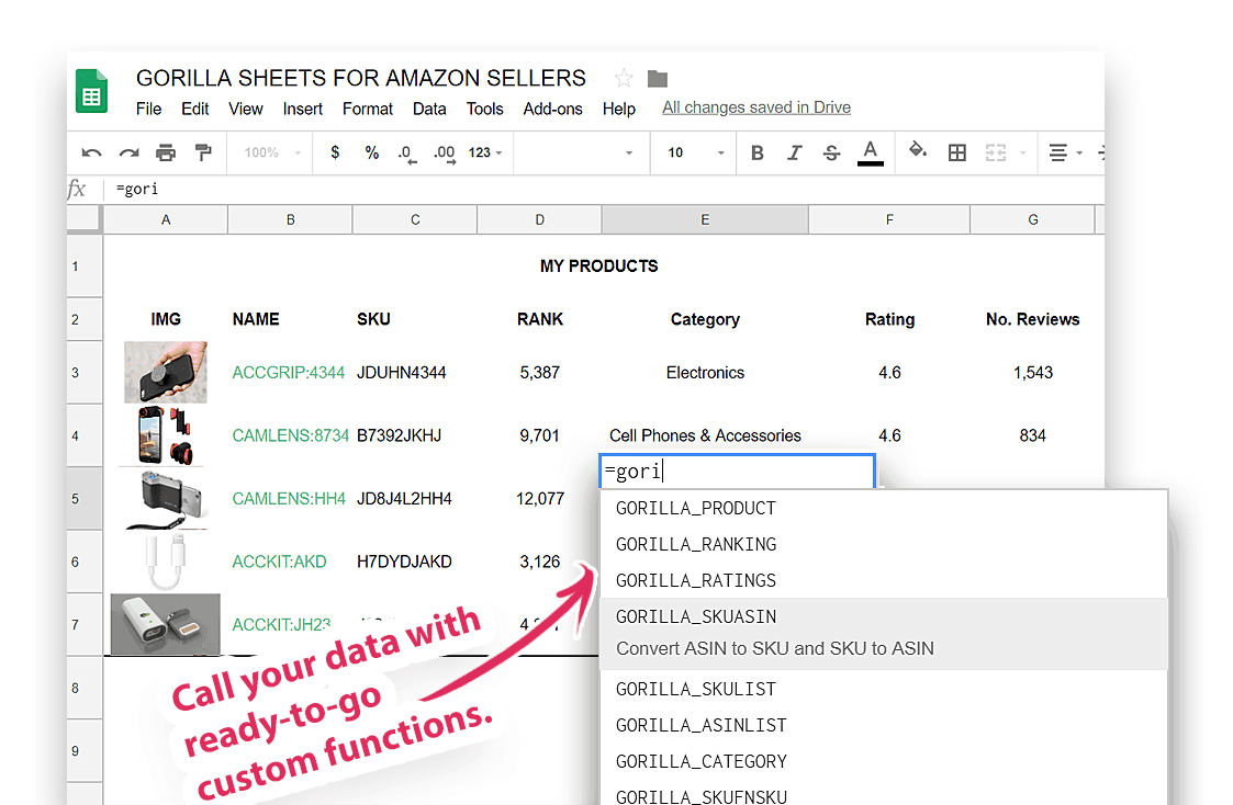 Gorilla sheets functions for Amazon Seller