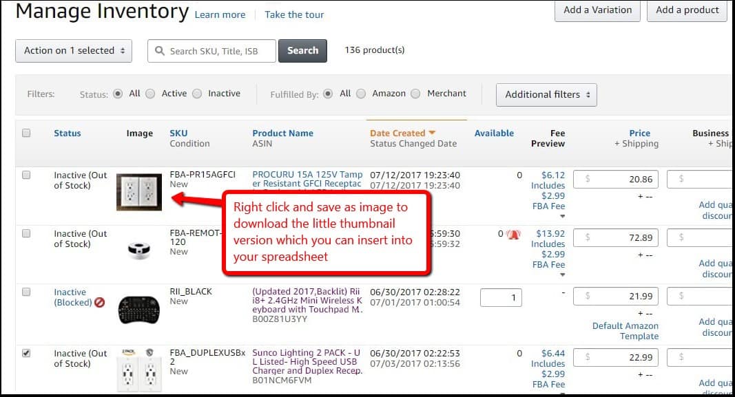 Seller central manage inventory save image