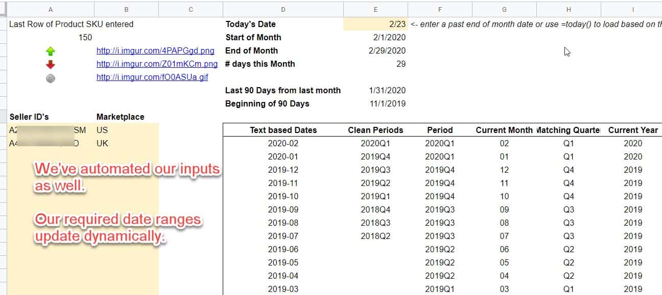 Amazon spreadsheet input ranges date ranges automated
