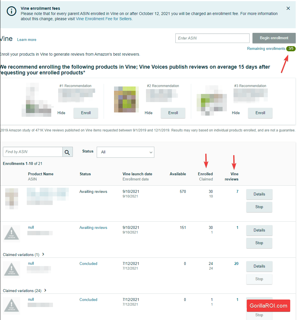 Enroll amazon vine products Gorilla ROI