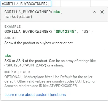 Buyboxwinner function menu Gorilla ROI