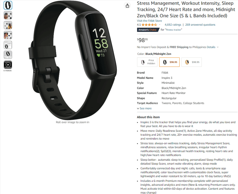 Fitbit's Amazon Product description page