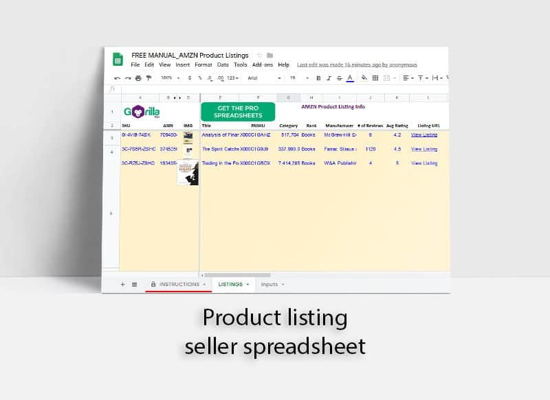 Product listing seller spreadsheet