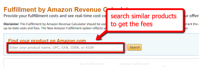 Amazon fee calculator search bar upc asin sku
