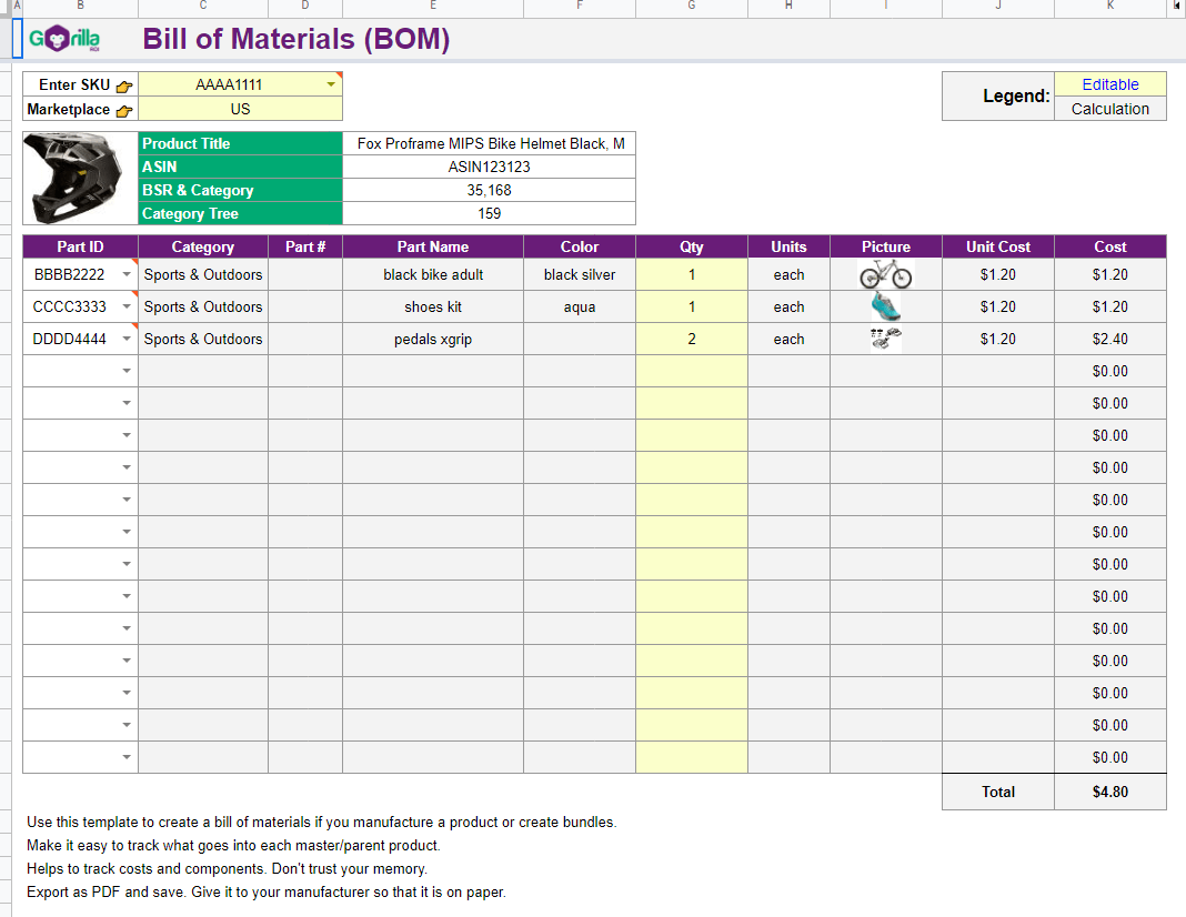 Bill of materials spreadsheet template