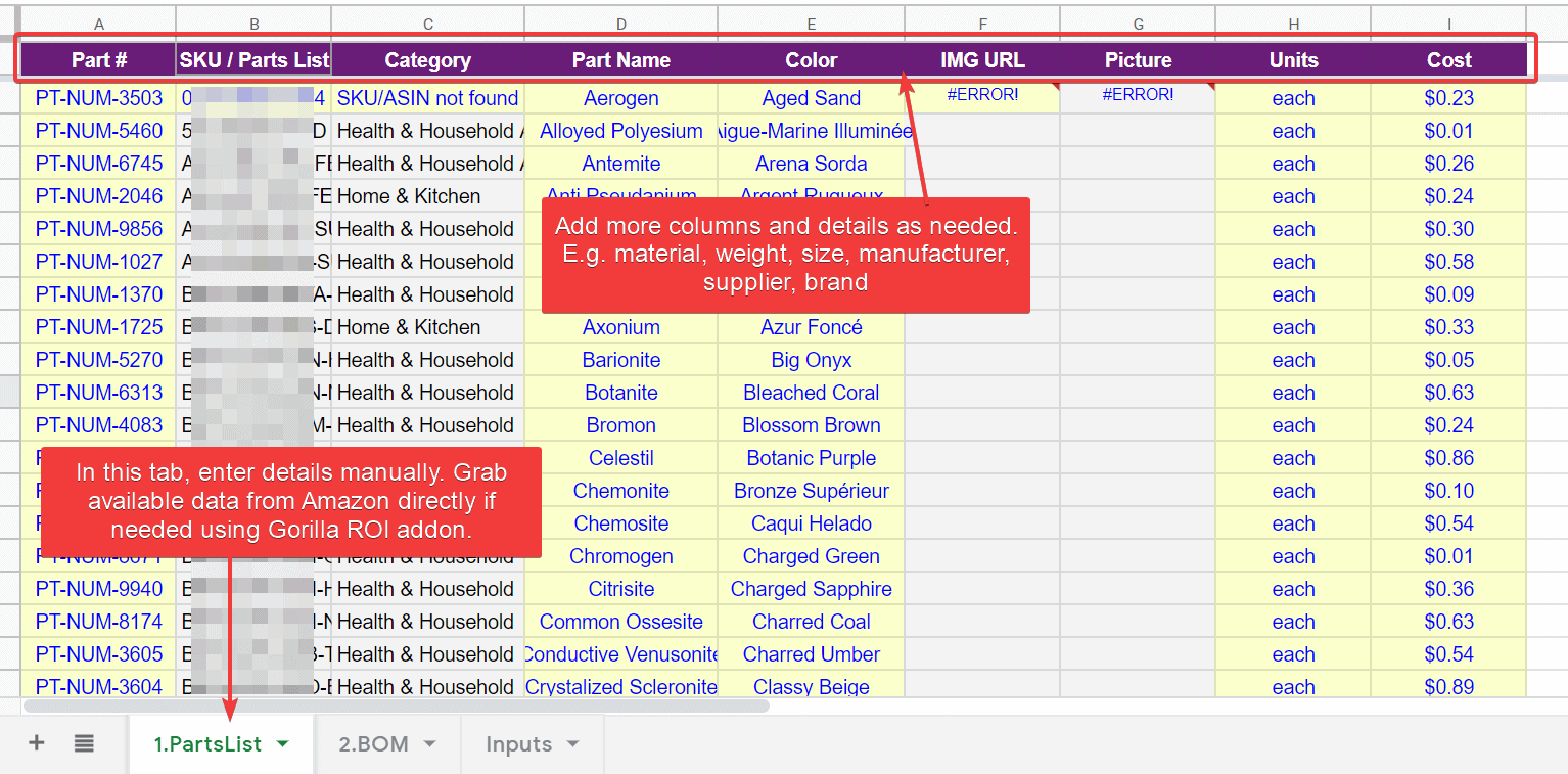 Bom template instructions parts list