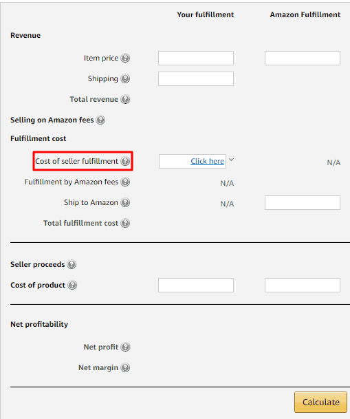 Fulfillment fees- Amazon Calculator