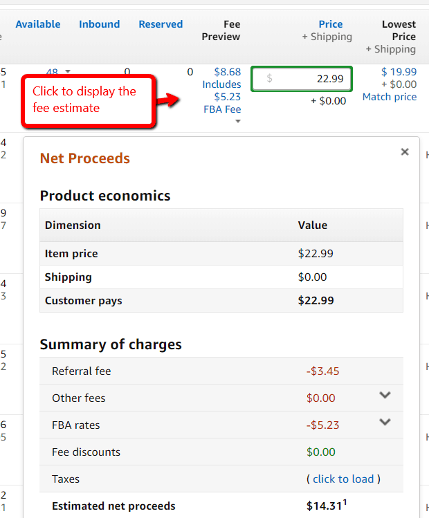 Amazon fba fee preview inventory
