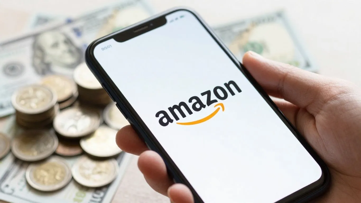 Amazon logo on a phone with money background
