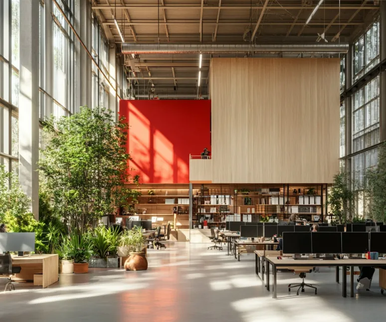 Open-concept office space with natural light and greenery, visualizing the space that’s breathing and creates values.
