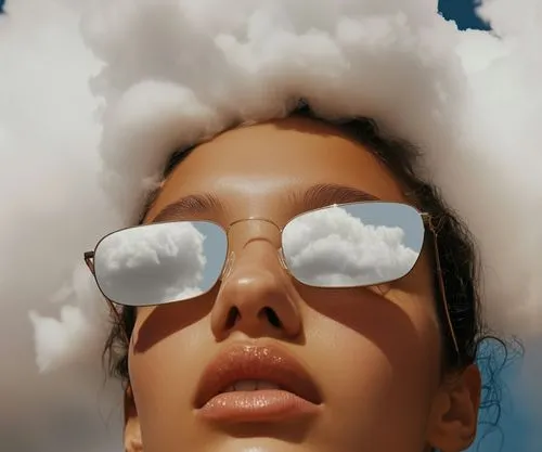 Close-up portrait of a woman with clouds reflecting in her sunglasses, representing the idea of keeping your head in the sky and above water.