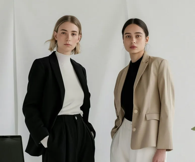 Two women in professional attire, illustrating the concept of following fashion trends for 2025.