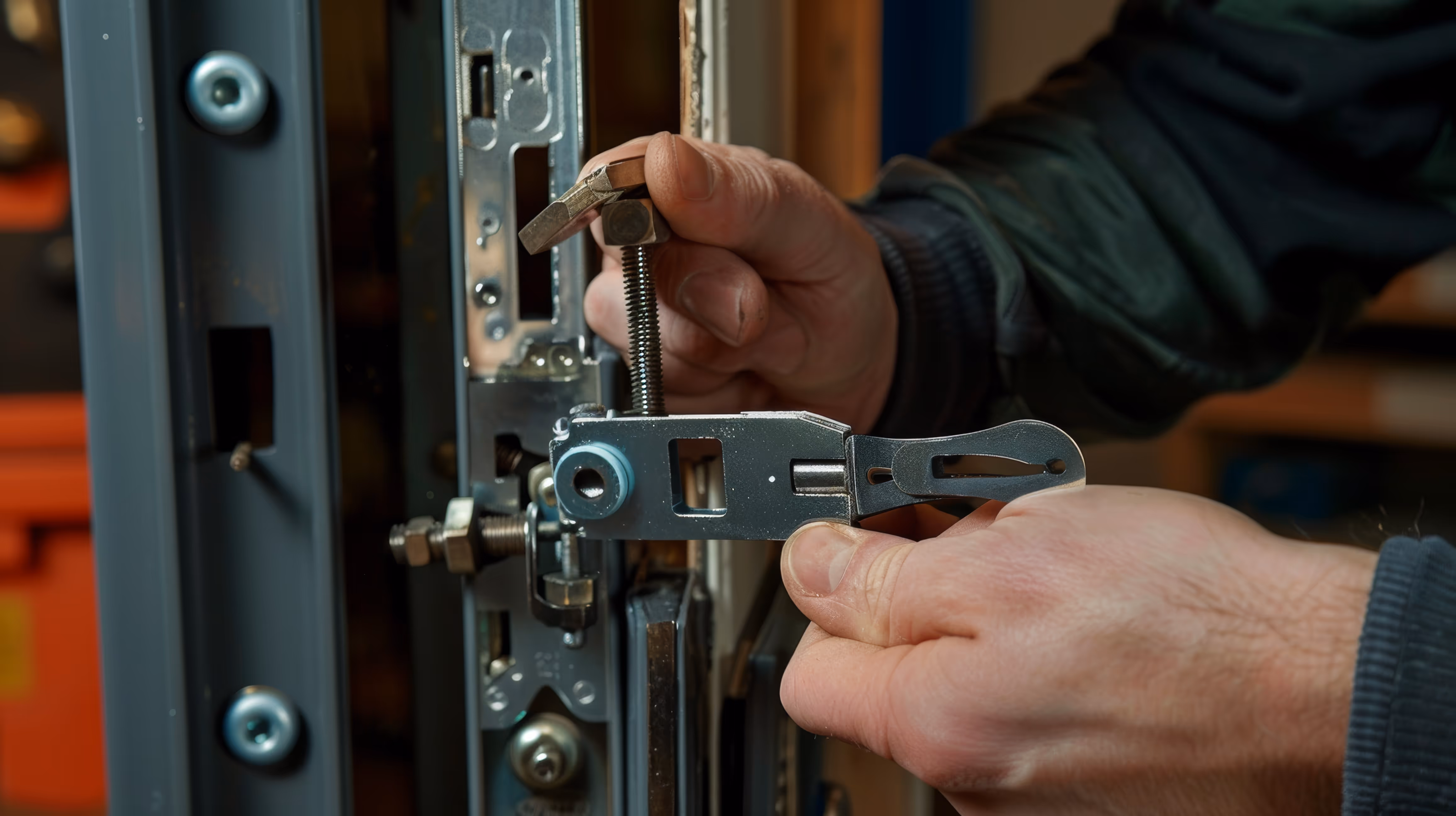 Gros plan sur les mains d’un serrurier utilisant un outil professionnel pour réparer ou installer une serrure multipoints sur une porte à Bordeaux.