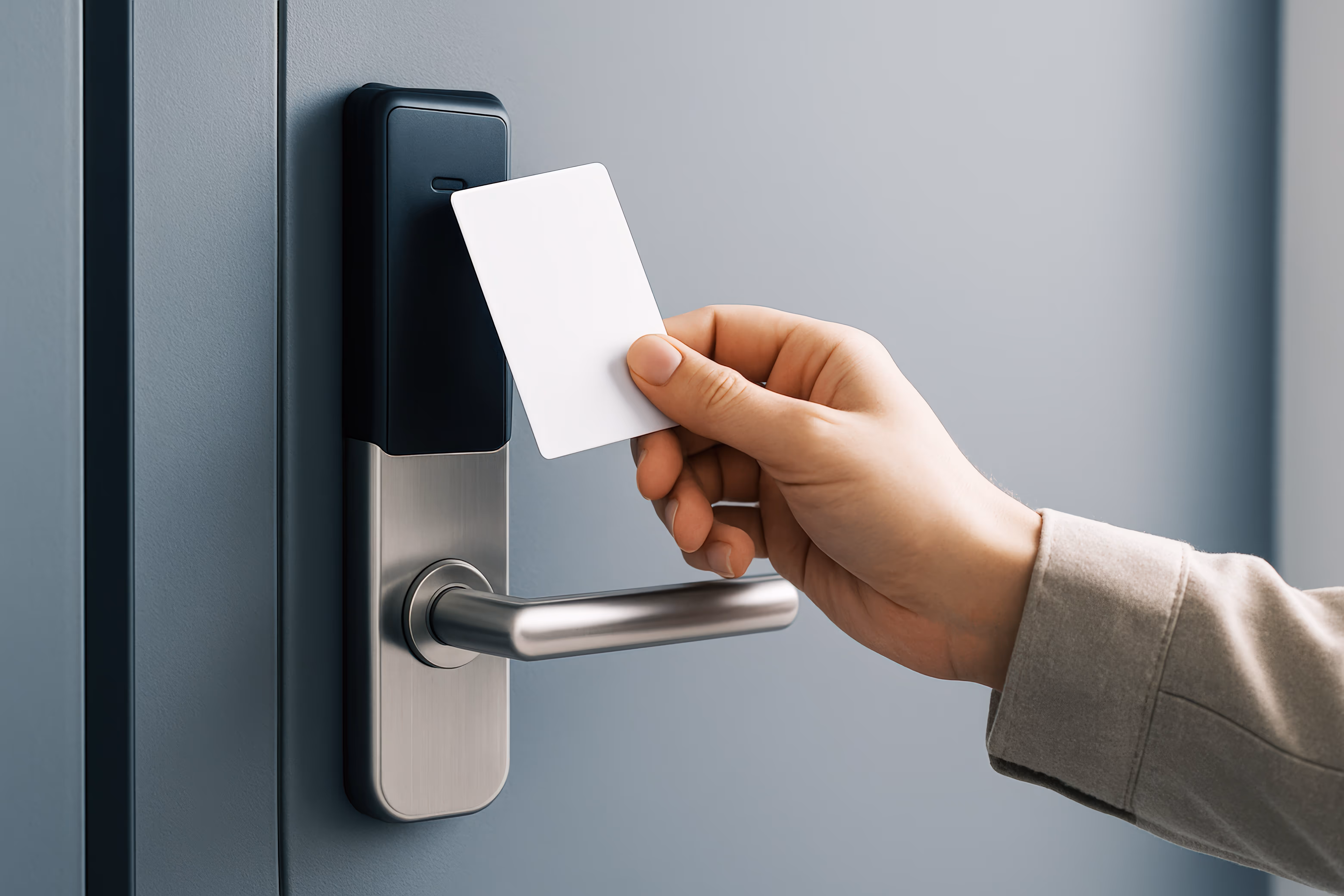 Main tenant une carte d’accès devant un lecteur électronique sur une porte, illustrant un système de contrôle d’accès sécurisé à Bordeaux.