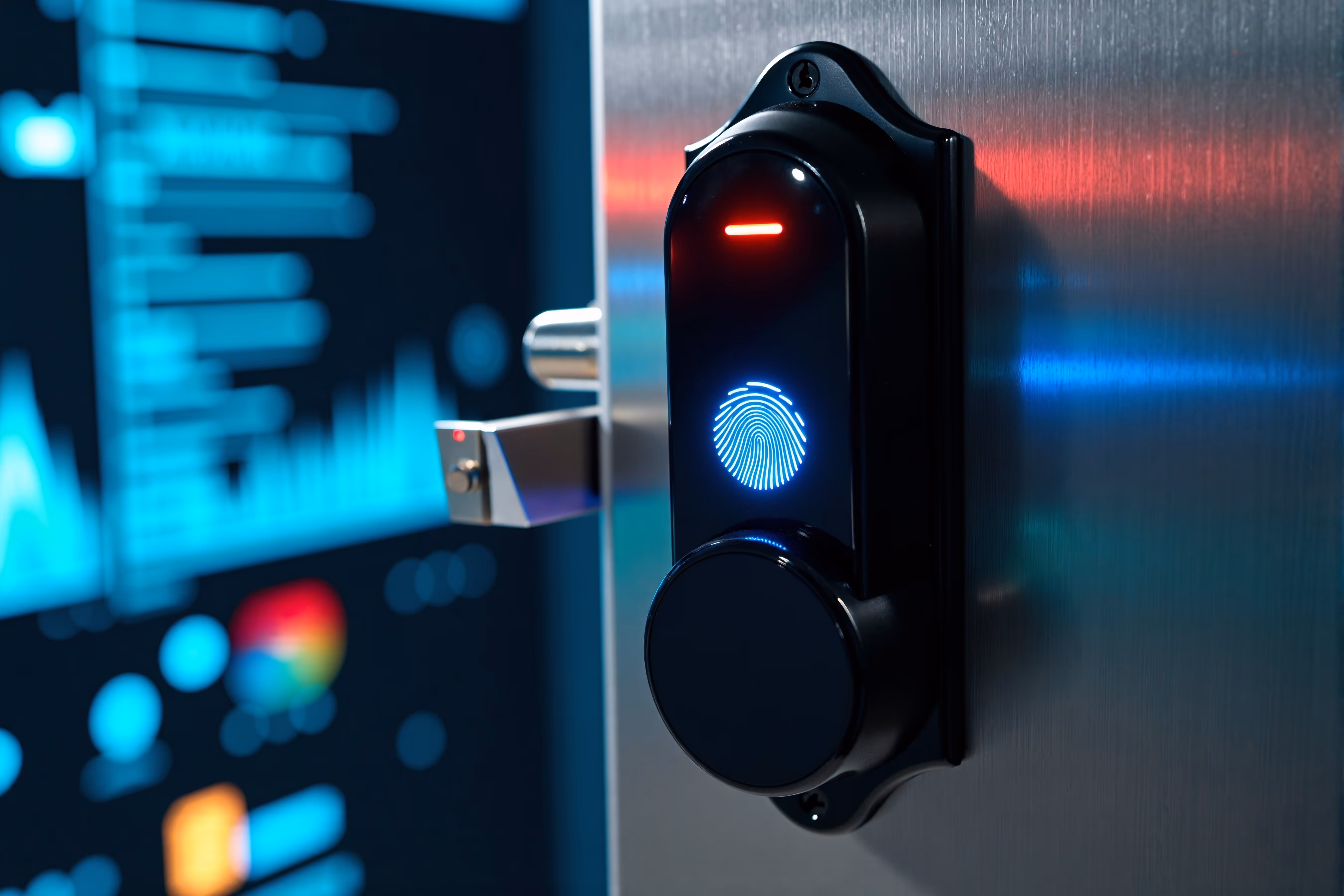 Gros plan sur une serrure connectée à reconnaissance d’empreinte digitale installée sur une porte métallique, illustrant la sécurité et l’innovation des systèmes de contrôle d’accès biométriques à Bordeaux.