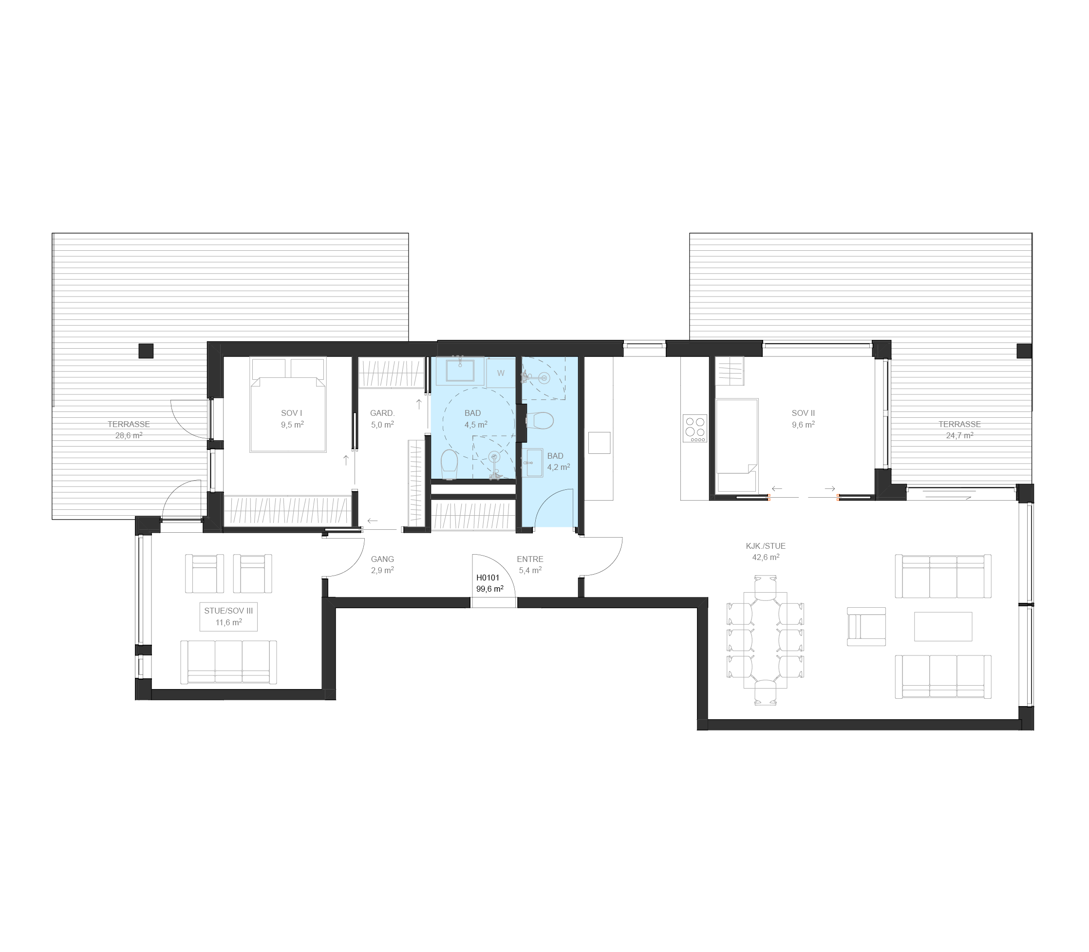 Plantegning av leilighet A H0101 på Fossbekk Brygge – 2 (3) soverom, 104,9 m² total BRA