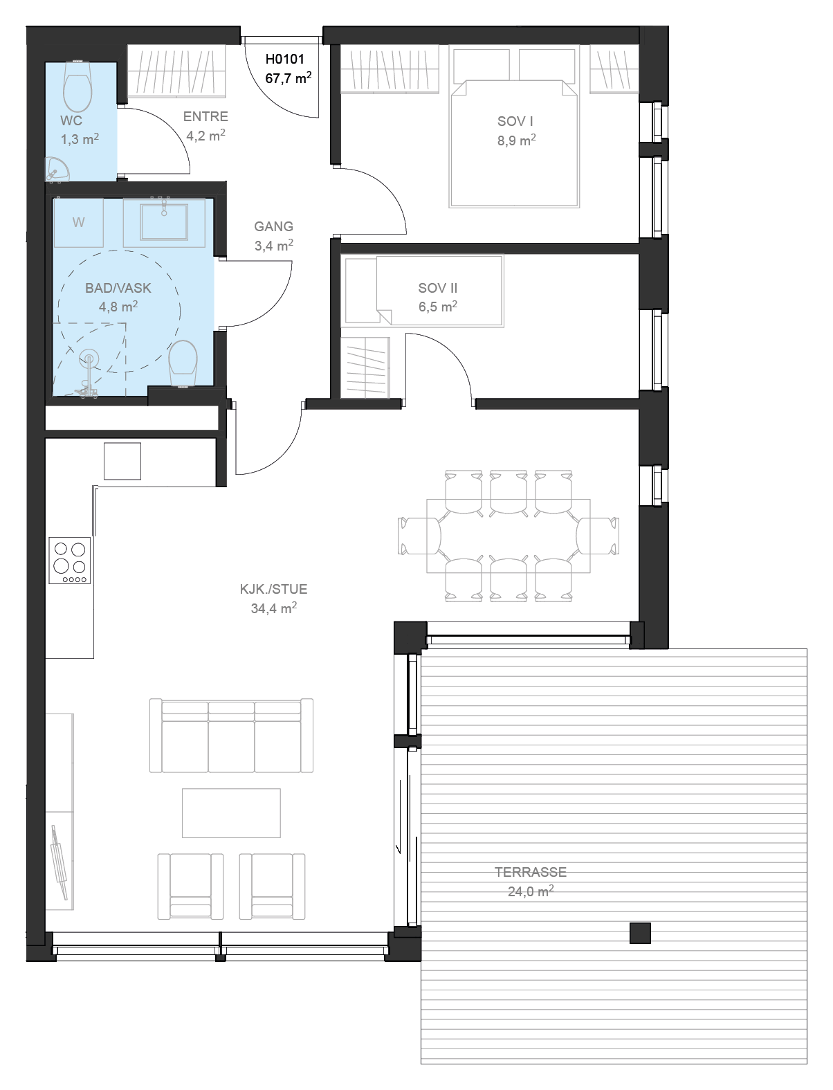 Plantegning av leilighet B H0101 på Fossbekk Brygge – 2 soverom, 72,7 m² total BRA