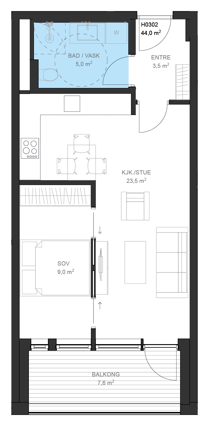 Plantegning av leilighet B H0302 på Fossbekk Brygge – 1 soverom, 46,5 m² total BRA