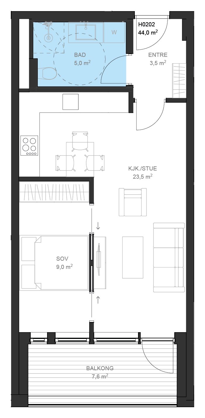 Plantegning av leilighet B H0202 på Fossbekk Brygge – 1 soverom, 46,5 m² total BRA