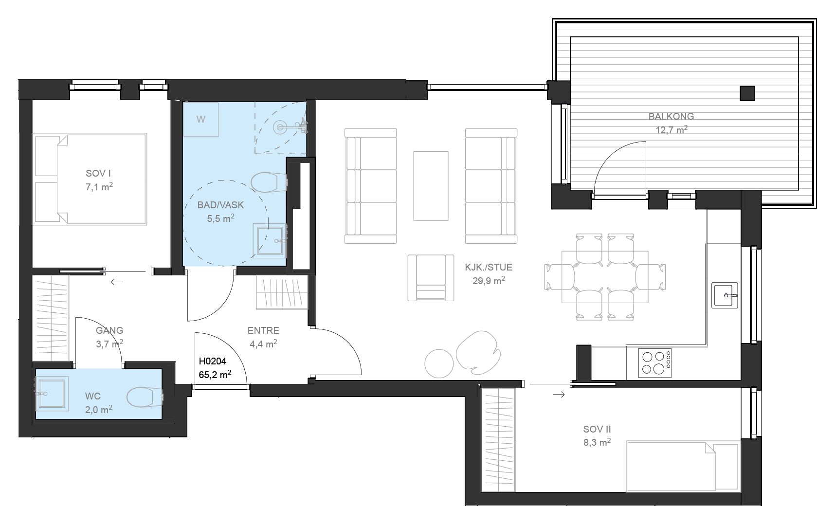 Plantegning av leilighet B H0204 på Fossbekk Brygge – 2 soverom, 70,2 m² total BRA