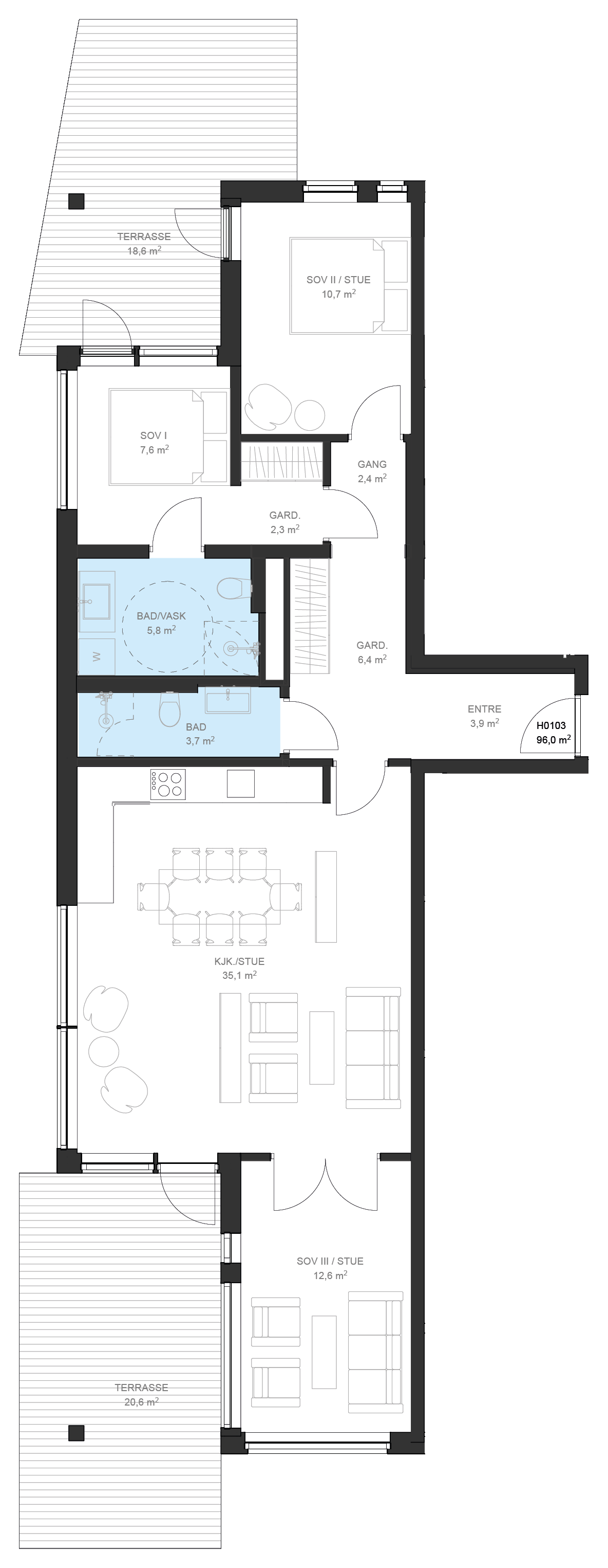 Plantegning av leilighet B H0103 på Fossbekk Brygge – 3 soverom, 100,7 m² total BRA