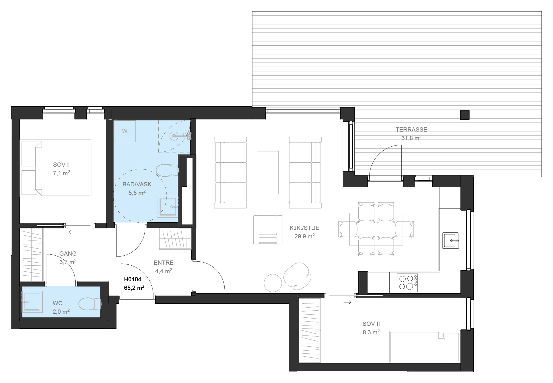 Plantegning av leilighet B H0104 på Fossbekk Brygge – 2 soverom, 70,2 m² total BRA