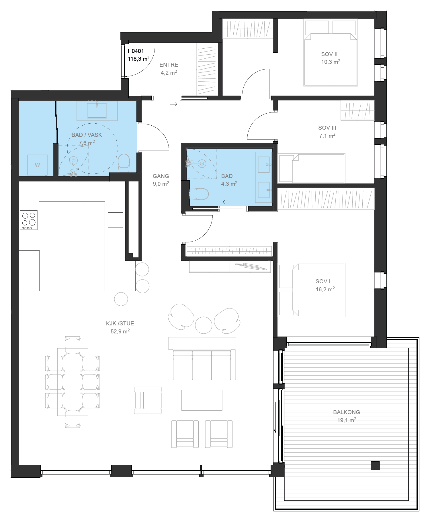 Plantegning av leilighet B H0401 på Fossbekk Brygge – 3 soverom, 123,3 m² total BRA