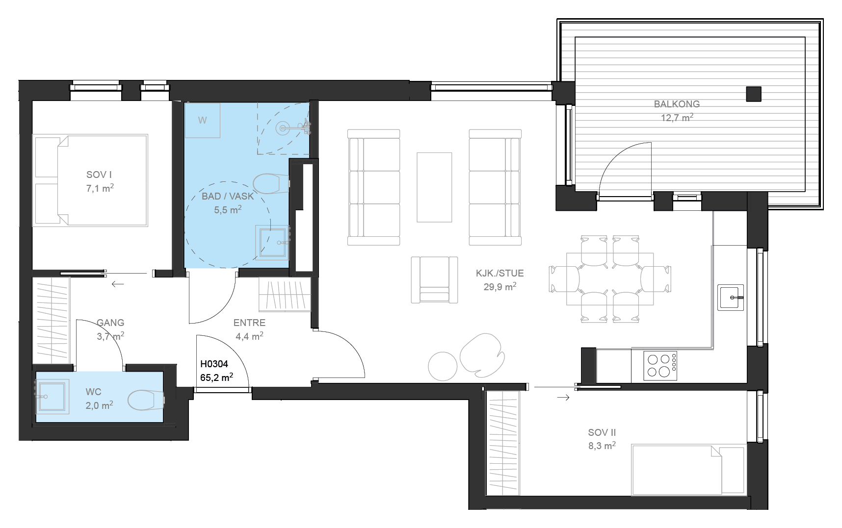 Plantegning av leilighet B H0304 på Fossbekk Brygge – 2 soverom, 70,2 m² total BRA