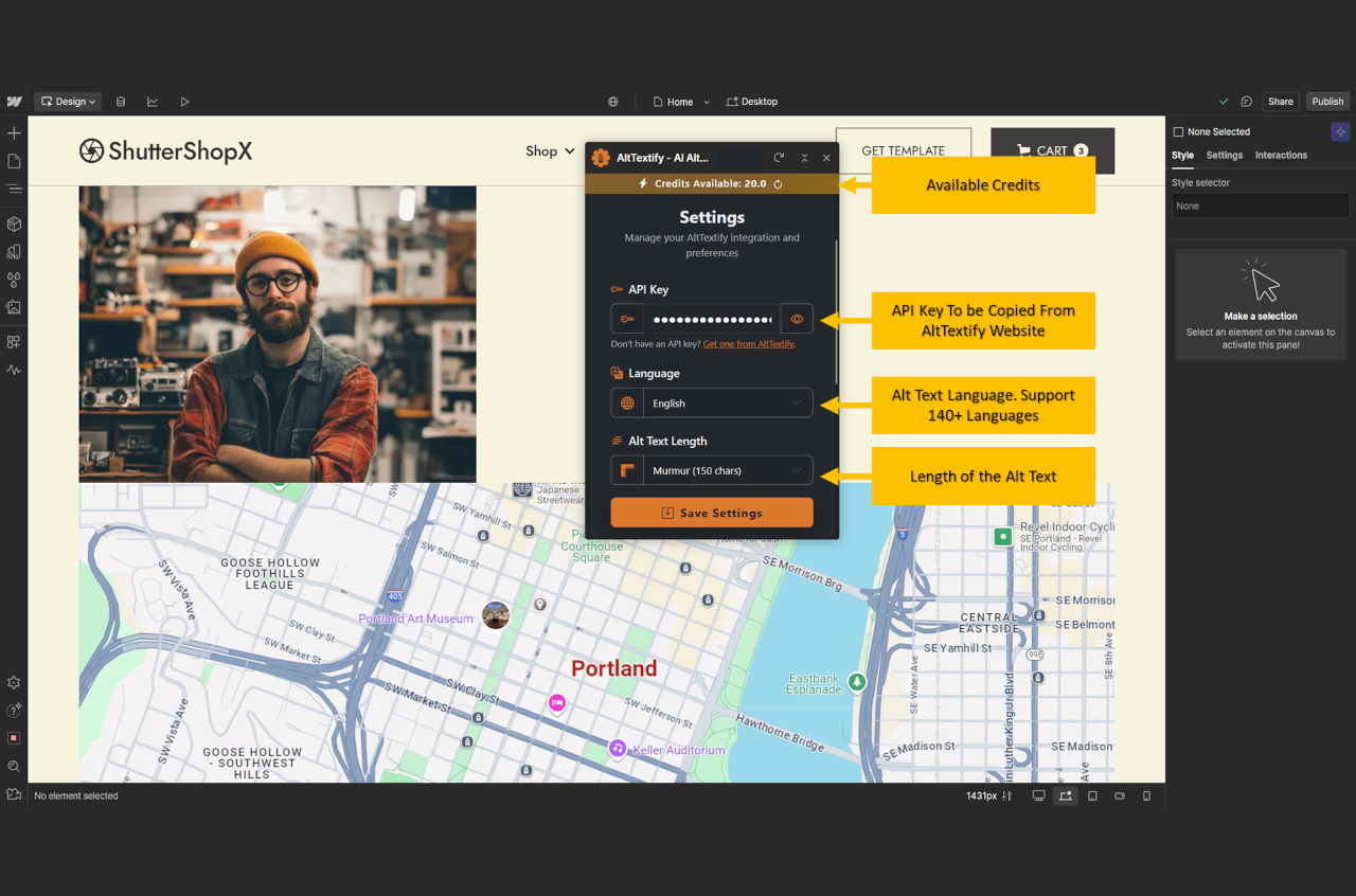 2. AltTextify Webflow App Settings Page