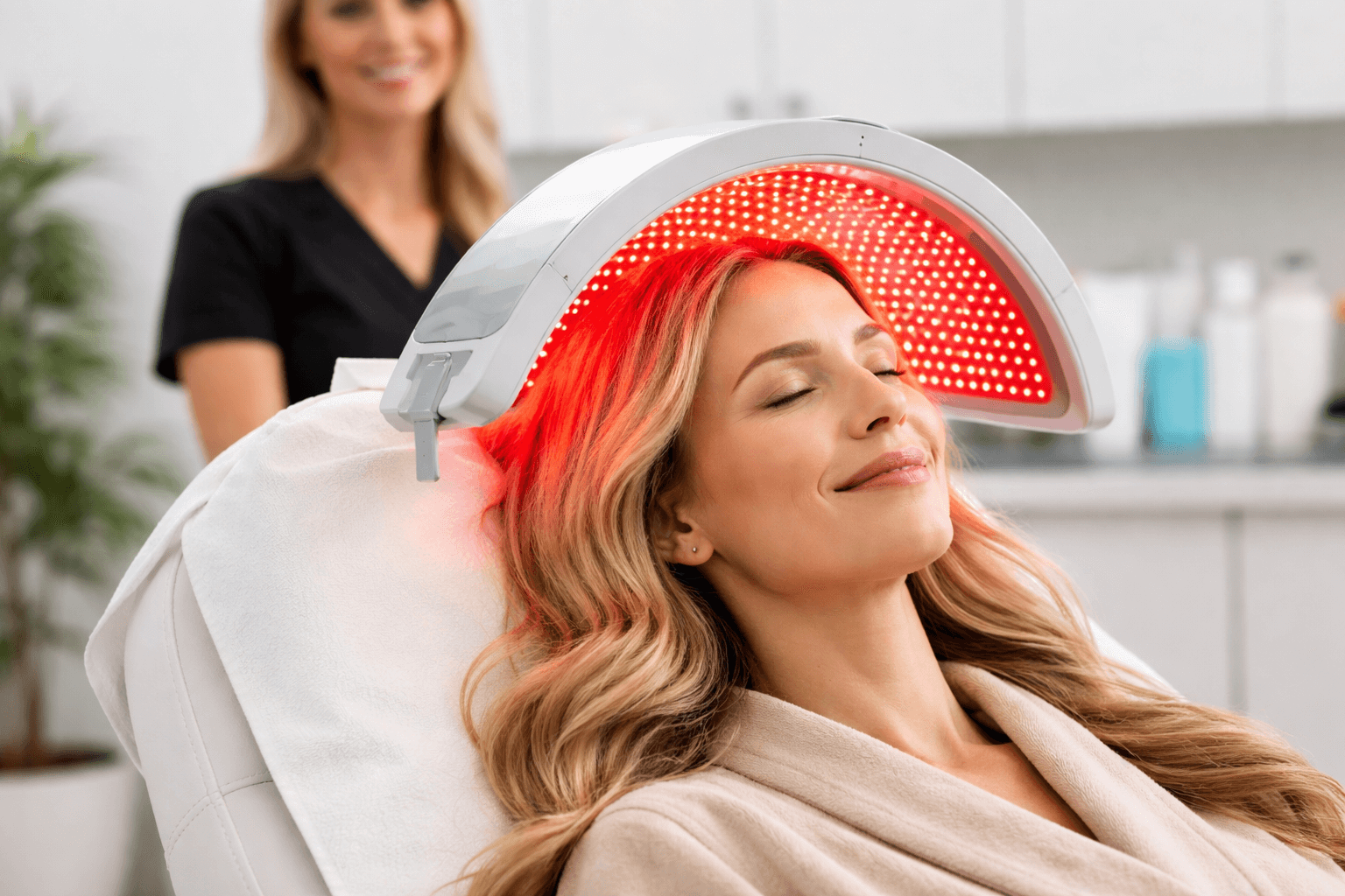 Patient receiving red light therapy hair treatment in Hamden, Connecticut, to support natural hair restoration and improve scalp health.