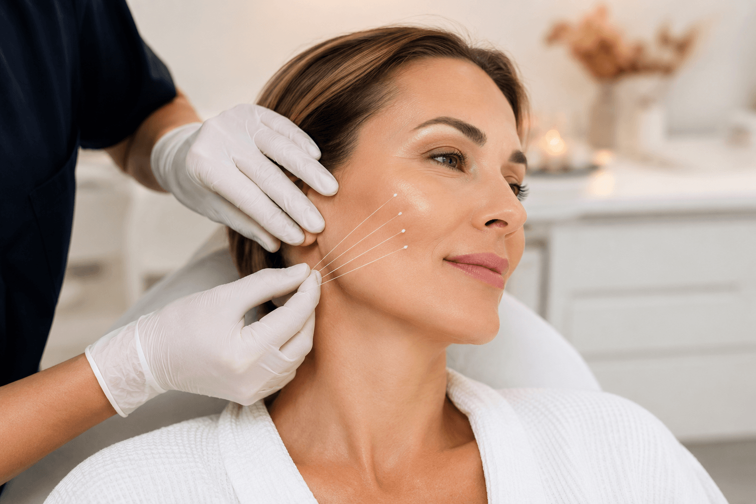 Patient receiving Best PDO Thread lift treatment in Westport, Connecticut to improve jawline and facial contour with collagen stimulation