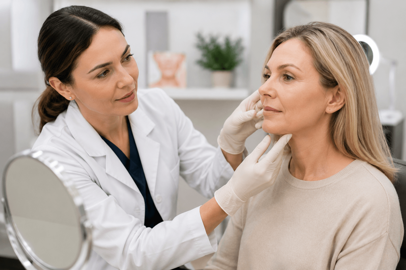 Provider consulting with a patient about PDO Thread treatment versus a surgical facelift during a facial rejuvenation consultation
