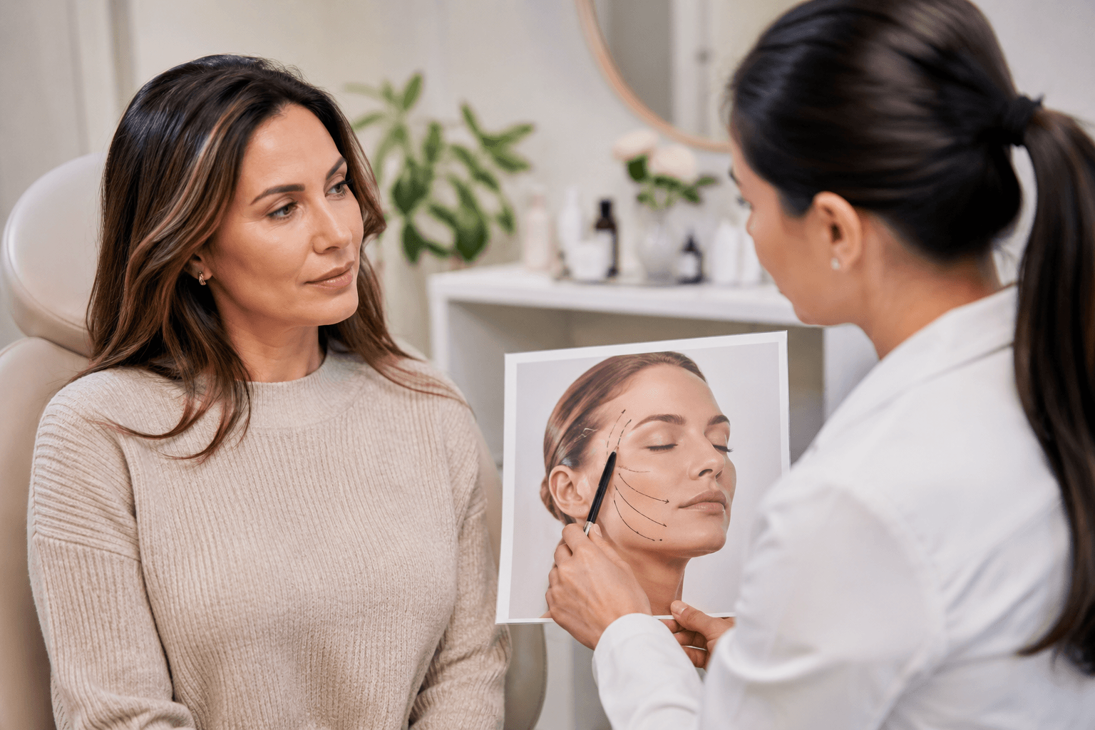 Medical provider assessing facial skin laxity during a PDO thread consultation