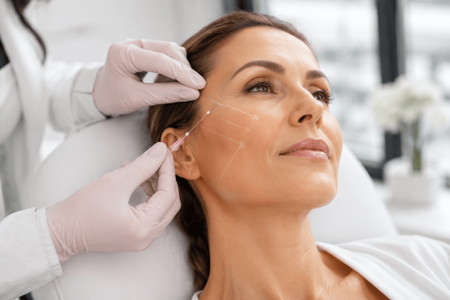 Illustration of PDO thread placement beneath the skin along the jawline