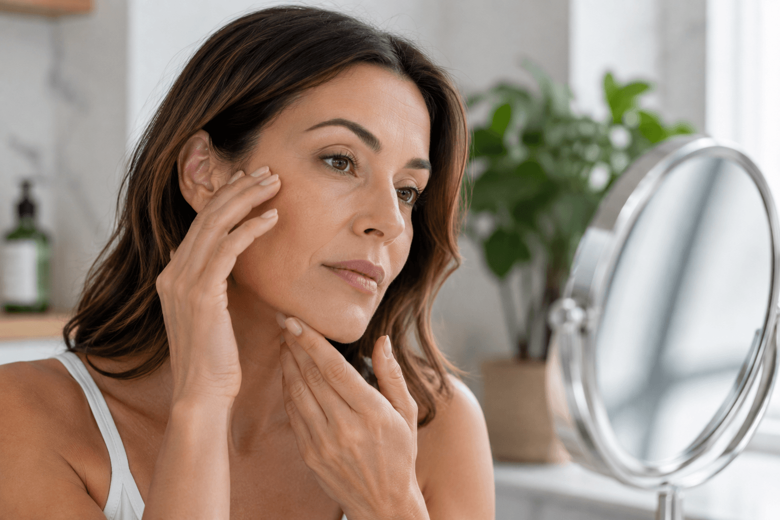 Woman evaluating early signs of facial sagging before PDO thread treatment