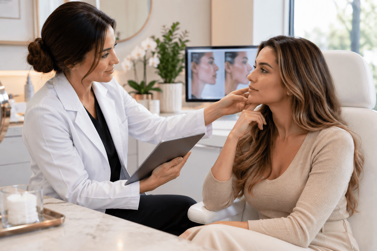 Medical provider reviewing PDO thread lift technique with patient
