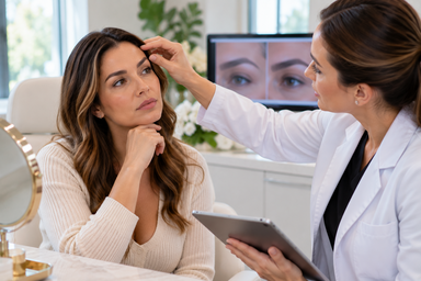 Provider evaluating brow and upper eyelid skin laxity before PDO thread treatment in Ridgefield Connecticut