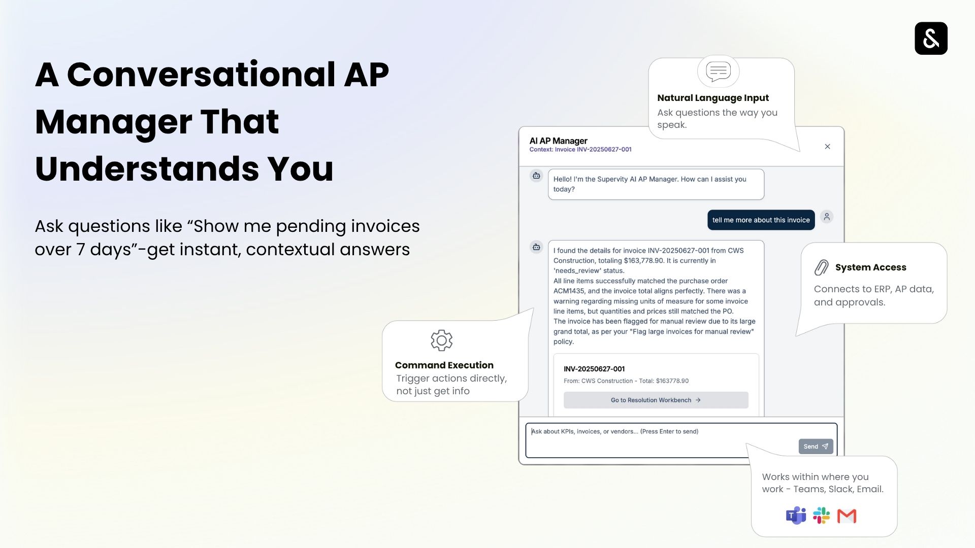 Screenshot-style mockup of Supervity’s Conversational AP Manager chat interface, where finance users ask natural-language questions about invoices and approvals.