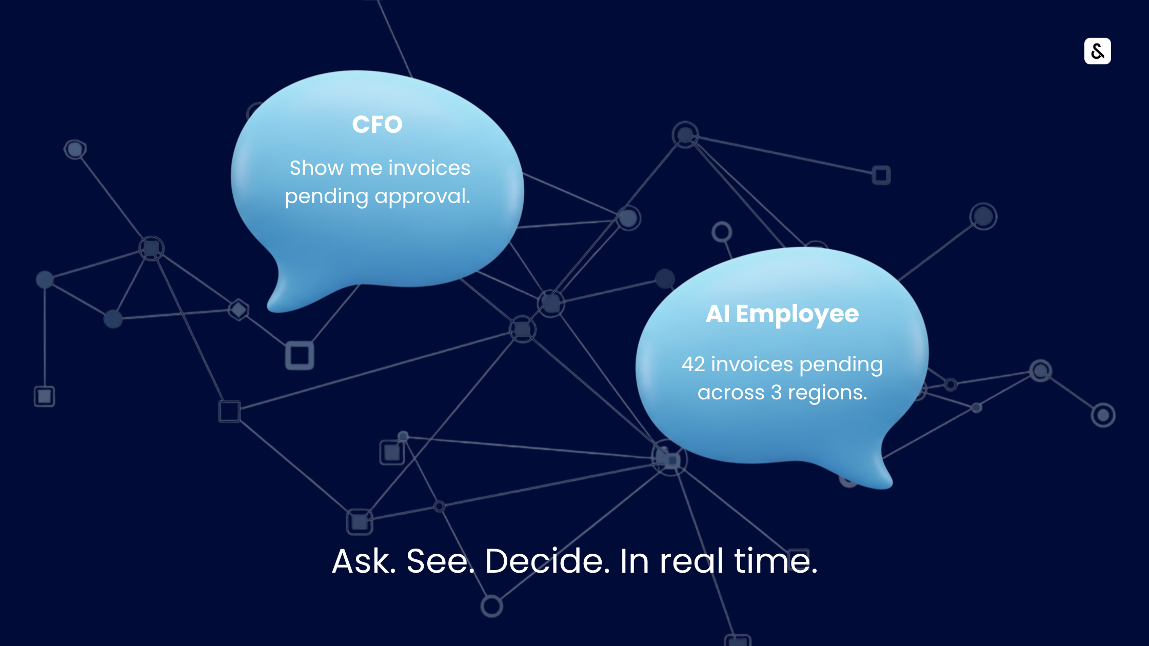 Chat interface between a CFO and AI Assistant discussing invoices pending approval. Depicts conversational AI in Accounts Payable for real-time decision-making and visibility.