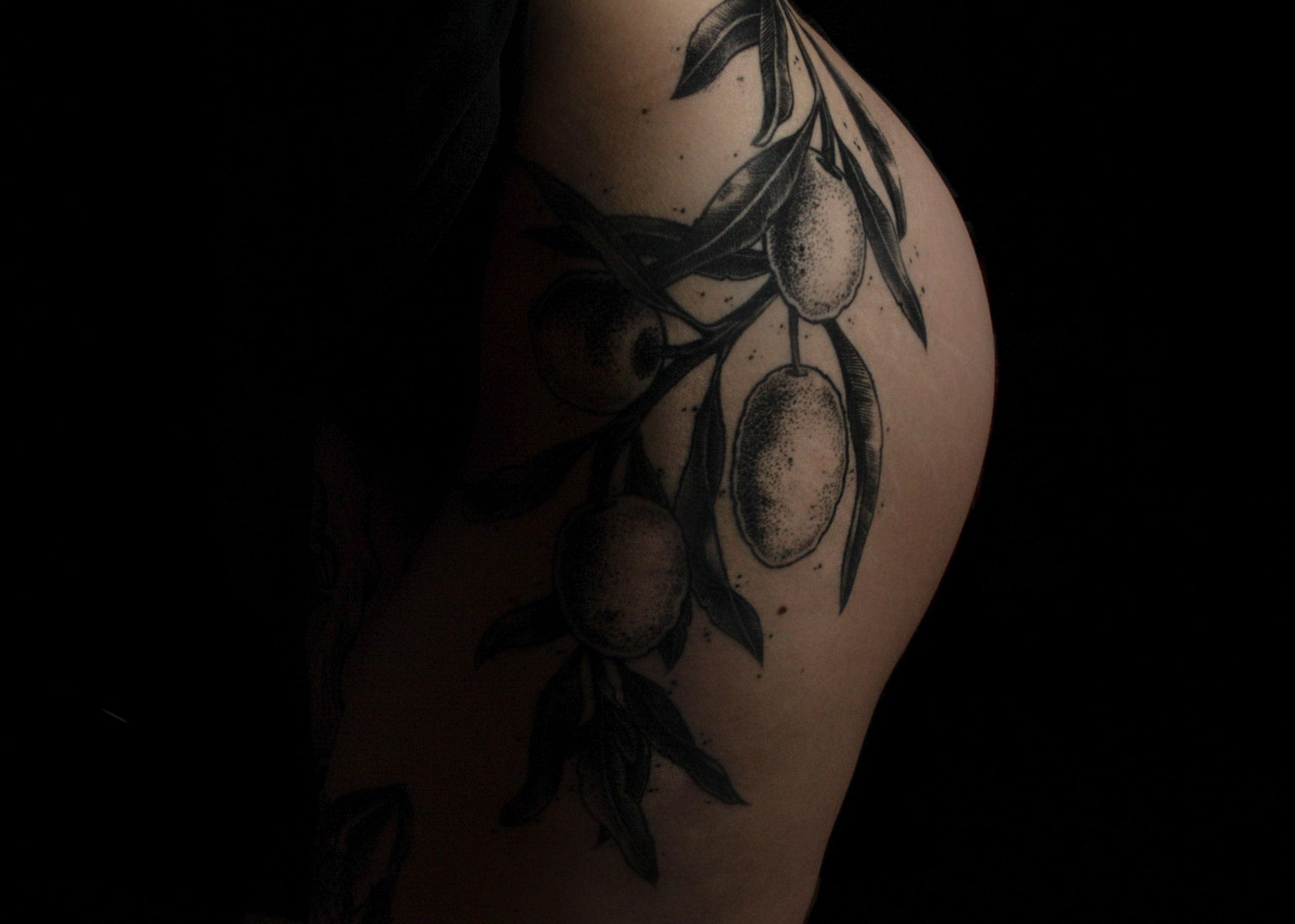 Schwarz-weiß-Tattoo einer Olivenzweig mit Blättern und Früchten auf einem Oberarm.