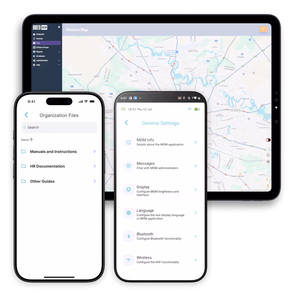Image showing a laptop, a tablet, and a mobile phone running Bento MDM