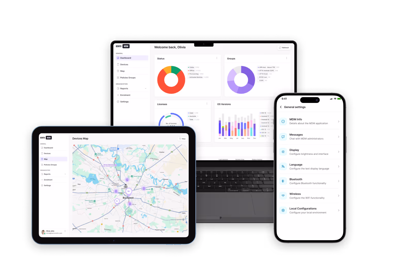 Image showing an array of devices, including a laptop, a tablet, a desktop computer, and a mobile phone running Bento MDM