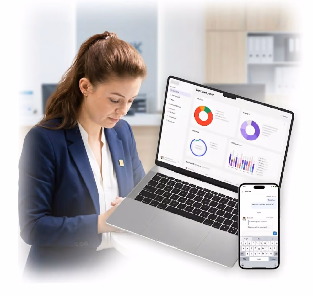 Woman in blue blazer holding laptop with dashboard and smartphone with chat screen.