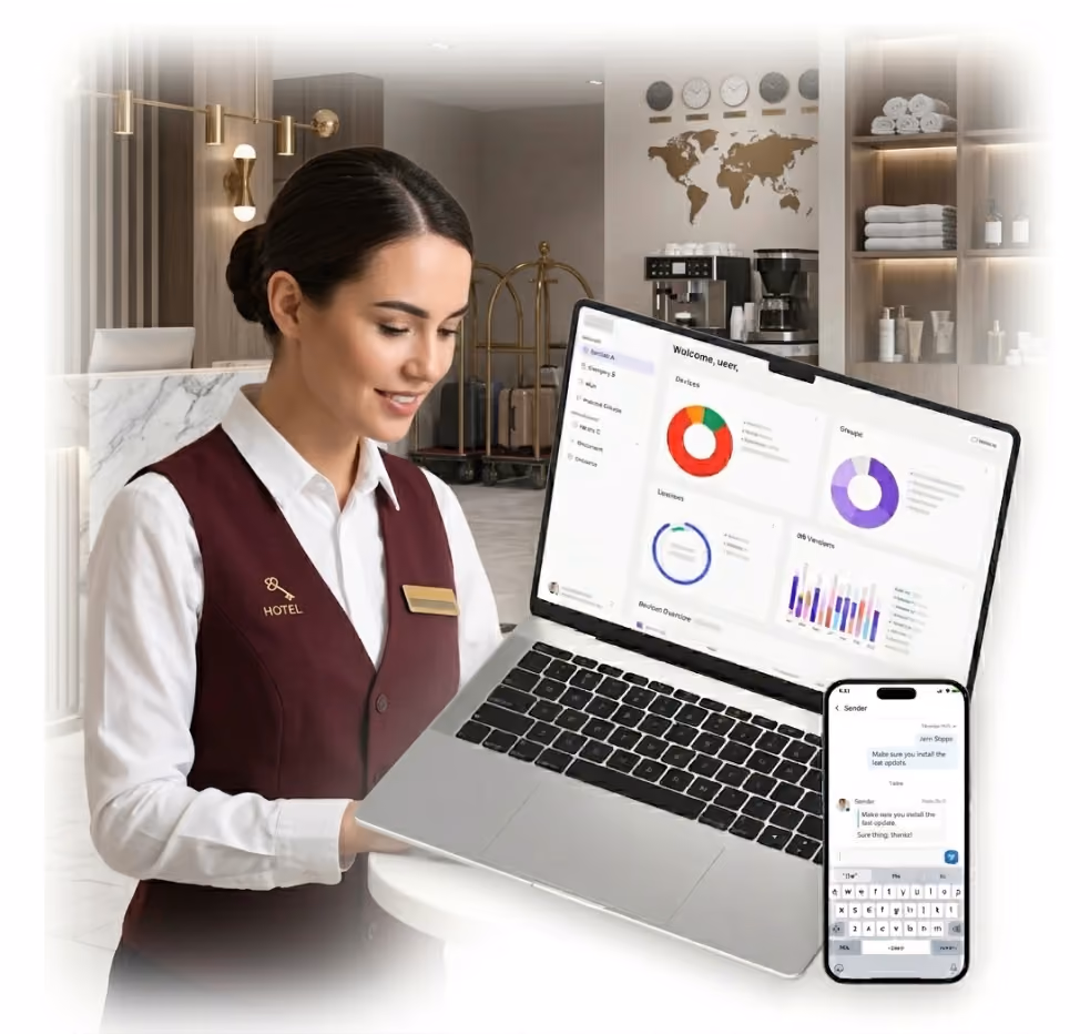 Smiling hotel receptionist holding laptop showing dashboard and phone with message conversation.