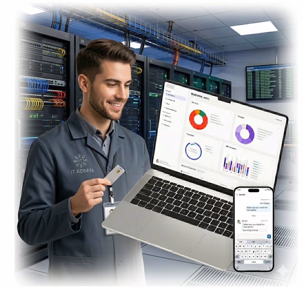 Smiling IT admin holding a security key and a laptop displaying data charts in a server room.
