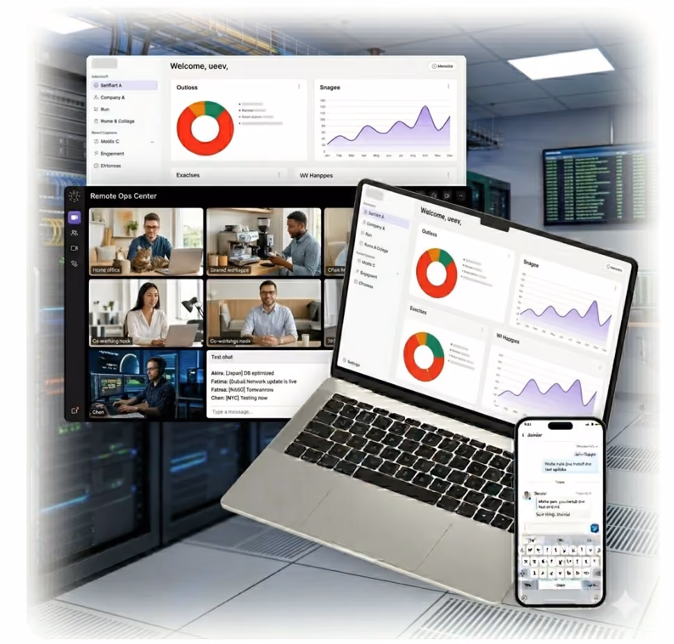 Laptop and smartphone showing remote work dashboards and video conference with colleagues in a server room.