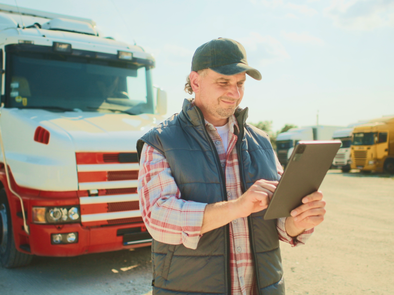 Image of a truck driver holding a tablet running Bento MDM software , with a delivery truck in the background.